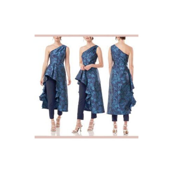 Kay Unger One Shoulder Navy Aqua Floral Walk Thru Jumpsuit Dress 14 - Picture 2 of 12